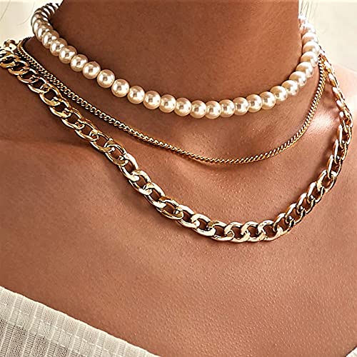 Asphire Vintage Layered Pearl Choker Necklace Punk Chunky Cuban Link Chain Necklace Boho Multi-Layered Statement Necklace for Women Teens Girls