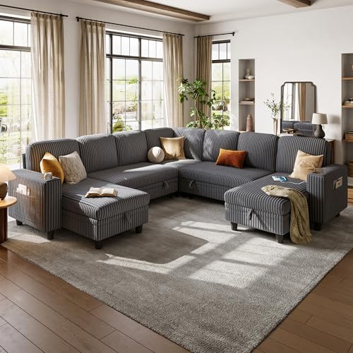 Image of LINSY HOME Sectional Sleeper Sofa Pull Out Couches for Living Room (Grey, Sleeper Sofa 5) | Pull Out Sofa Bed, Storage, USB Charging, Cup Holders, Plush Corduroy
