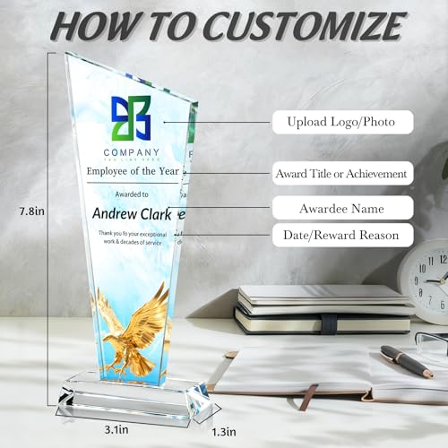 Image of Custom Crystal Trophy Award Personalized Plaque Award with Text Logo Photo Awards Trophies for Employee Recognition Team Graduation Personalized Office Gifts for Boss Coworker Teacher