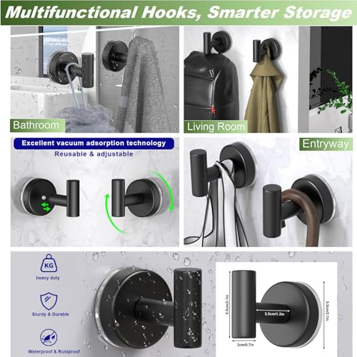 Image of Suction Cup Hooks for Shower, Stainless Steel Towel Hooks for Bathroom Wall, Glass Door, Kitchen, Mirror, Tile, Shower Hooks for Hanging Towels, Robes, Bath Balls (2 Pack，Black)