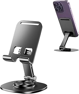 Suporte de telefone ajustável para mesa 360 rotativo, dobrável, suporte de celular portátil, acessórios de mesa de escritório compatíveis com iPhone 16 15 14 13 Pro Max, smartphones, iPad (cinza)