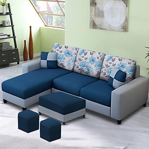 Image of Orland 4 Seater LHS L Shape Sofa with Center Table & 2 Puffy | Color - Blue Grey