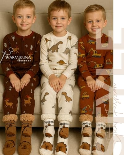 Boys & Kids Slipper Socks – Cozy Sherpa Lined Thermal Socks with Non-Slip Soles – Cute Capybara Winter Designs – Warm Indoor Socks for Children3