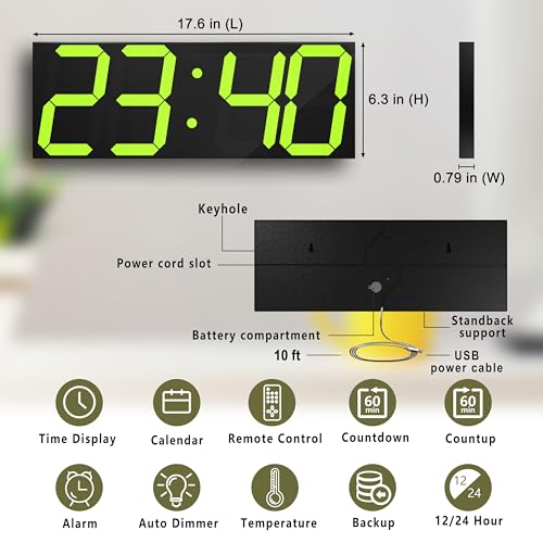Image of CHKOSDA LED Large Digital Wall Clock, Oversize Digital Clock with 6 inch Numbers, Remote Control Count up /Countdown Timer Clock, Auto Dimmer, Big Calendar and Thermometer(Yellow