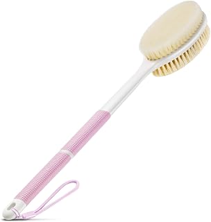 Backski Pink Long Handle Shower Brush - Anti-Slip Exfoliating Back Scrubber with Stiff & Soft Bristles for Bath & Dry Brushing