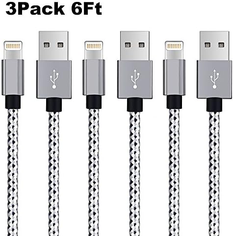 iPhone Cable, Grectek 3Pack 6FT Nylon Braided Charging Cord Charger, Lightning to USB Cable for iPhone Ⅹ, 8, 8 Plus, 7, 7 Plus, SE, 6s, 6, 6 +, 5, 5s, iPad Air / Mini, iPod (Grey White)