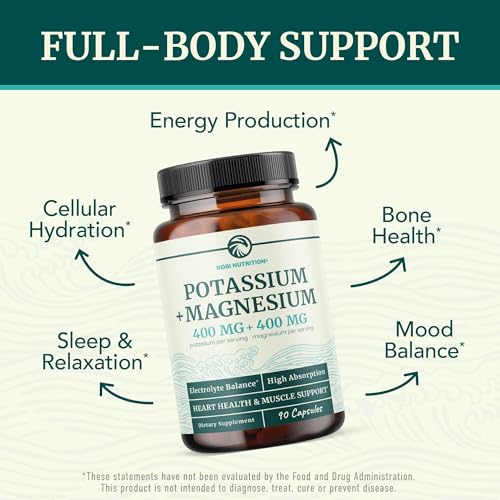 Image of Potassium Magnesium Supplement | High Strength Electrolyte Balance for Heart Health & Muscle Support | 400 MG Potassium + 400 MG Magnesium | Energy, Bone Health, Sleep & Mood Support | 90 Ct.