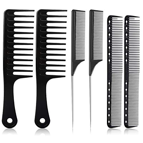 6 Pack Hair Combs, Wide Tooth Detangling Hair Paddle comb, Black Carbon Fine Cutting Hairdressing Comb, Rat Tail Stainless Steel Pintail Fiber Teasing Comb Anti Static Salon Styling Combs (Black)