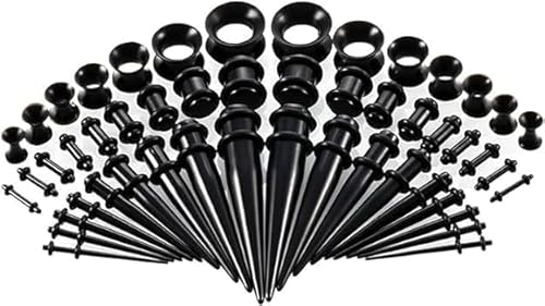 Mioaoa 50 Pcs Black Pieces Ear Stretching Kit, Acrylic Tapers Plugs and Silicone Tunnels, Novelty Ear Gauges Expander Set Body Piercing Jewelry Gifts for Women Men Christmas Birthday