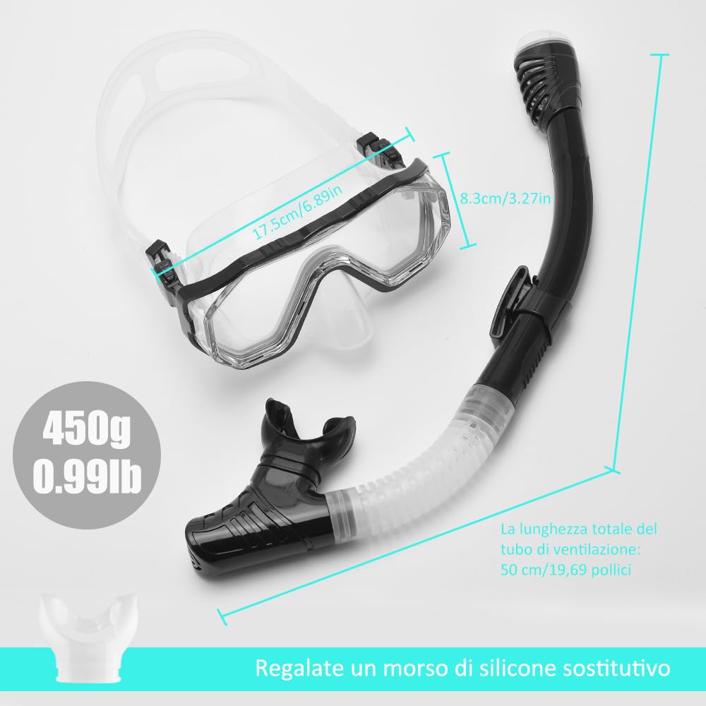 Set per Snorkeling Adulti con Maschera e Silicone Boccaglio,Lente PC Maschera Subacquea,180°Maschere Immersione,Anti-Fog Anti-Perdite Kit Snorkeling Giovani Adulto Donna Uomo
