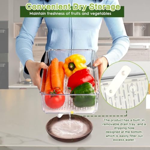 Image of Plastic 14 Pack Fridge Organizer - Stackable BPA-Free Refrigerator Bins with Lids for Fruits, Vegetables, Drinks, Cereals & Food Storage