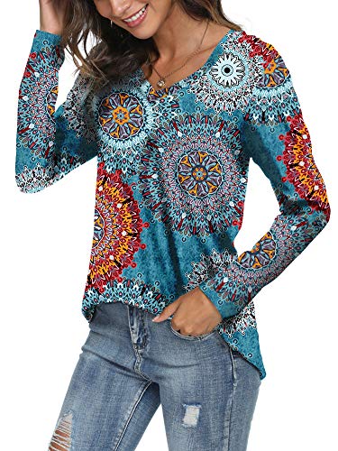 LONGYUAN Women Winter Top Casual Loose Fitting Tshirts Long Sleeve V Neck Cotton Tunic Fl Mix Blue,X-Large