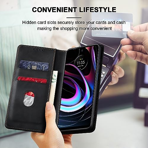 Image of Jasonyu Flip Wallet Case for Motorola Edge 5G UW /Moto Edge (2021),Leather Magnetic Folio Cover with Card Holder,Kickstand - TPU Shockproof Durable Protective Phone Case,Black
