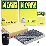 LIEFERUMFANG - 1x MANN-FILTER Ölfiltereinsatz; 1x MANN-FILTER Luftfilter; 1x MANN-FILTER Innenraumfilter (Aktivkohle); 1x Ölablass-Schraube inkl. Dichtung; 1x Ölwechsel-Anhänger