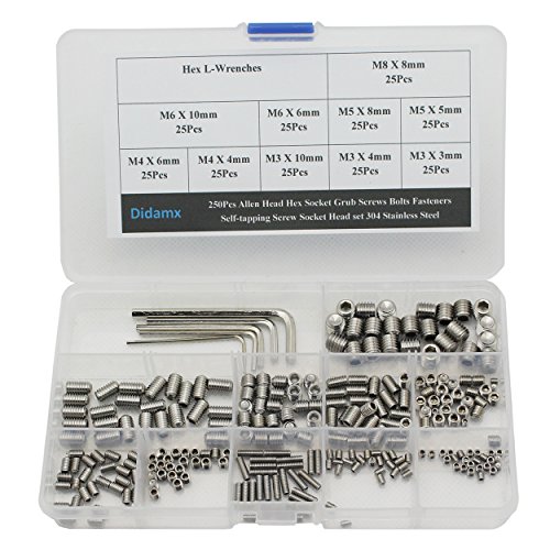 Didamx 250Pcs M3 M4 M5 M6 M8 250Pcs Allen Head Hex Socket Grub Screws Bolts Fasteners Self-Tapping Screw Socket Head Set 304 Stainless Steel with Hex L-Wrenches