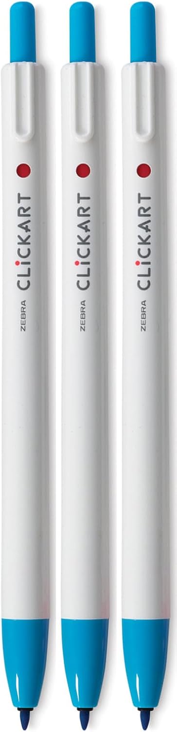ClickArt Retractable Marker Pen 0.6mm Light Blue 3 Pack; Bundle Plastic Reusable Pouch