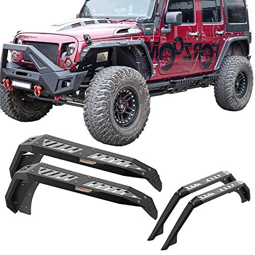 Front & Rear Fender Flares For Jeep 2007-2018 Wrangler JK & JKU Unlimited | 4WD 2WD, Hawkley Off-Road Steel Fender Wheel Flares with LED DRL Lights & LED Sequential Turn Light - 4 PCS Set