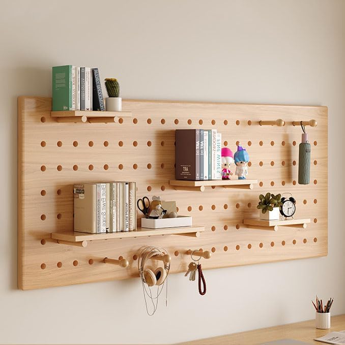 DIY Wooden Pegboard Desk Organizer, Versatile Hanging Storage & Display Panels for Bedroom, Office, Garage - 47.2"x23.6", Stylish Wood Color Solution