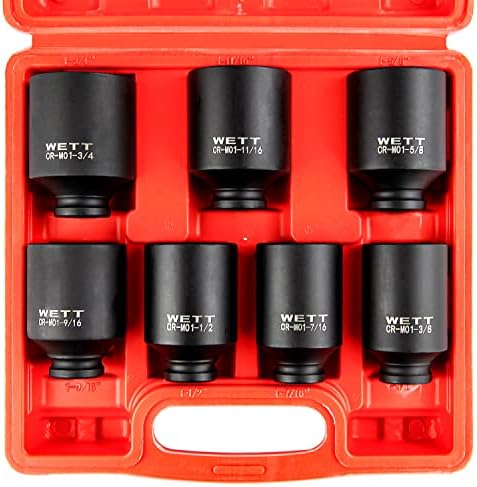 WETT 7Pcs 1/2" Drive Deep 6-Point Impact Socket Set/Spindle Axle Nut Impact Socket Set, SAE, Cr-Mo,1-3/8-Inch - 1-3/4-Inch