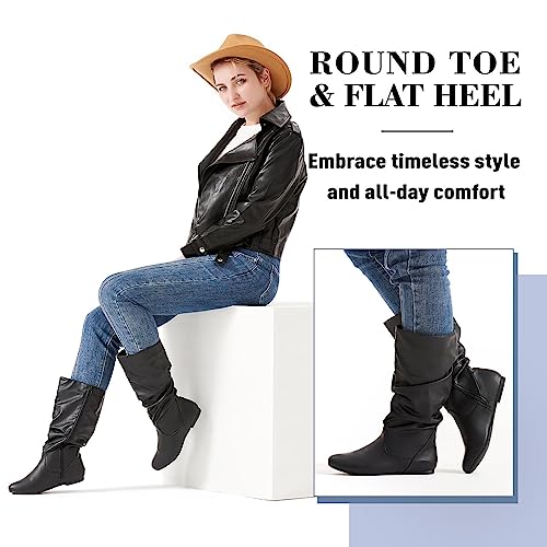 Katliu Women's Slouchy Mid Calf Boots Zip Up Flat Boots Black #TOP3