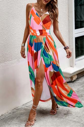 Image of Newshows Women's 2026 Lightweight Summer Wedding Guest Beach Vacation Casual V Neck Split Flowy Maxi Dress