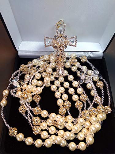 Aeiniweraabbcc SPPRANDOM J.G Wedding Lasso/Lasso para boda de Perla fina Color Ivory y rhigestone Color oro Lazo con Cruz catolica y cristales Lazo Fino.2
