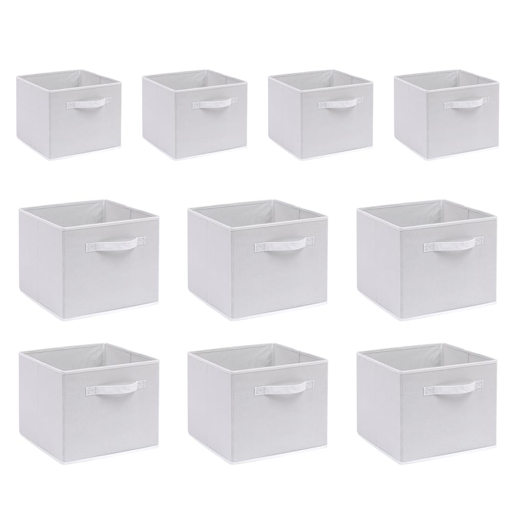 BonChoice Foldable Storage Cubes Boxes Pack of 10 with Handle for Home Organization, Fabric Wardrobe Storage Box Organizer Basket Bins for Clothes Toys Towels, Collapsible&Durable White