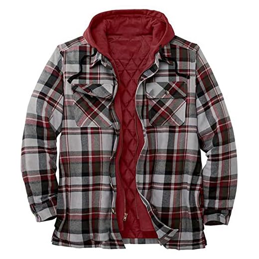 Herr bomull vadderad flanell rutig jacka quiltad varm dragkedja huvtröja termisk fodrad ytterkläder cardigan, Röd, XL