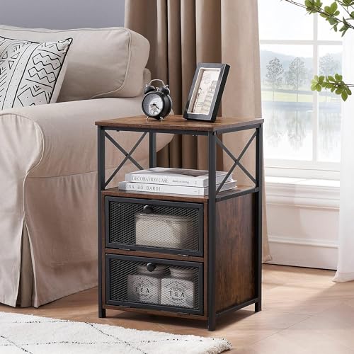Image of VECELO Nightstand Set of 2, End Table with Flip Drawer, Modern Night Stand for Bedroom,Living Room, Office, Easy Assembly, Vintage Brown