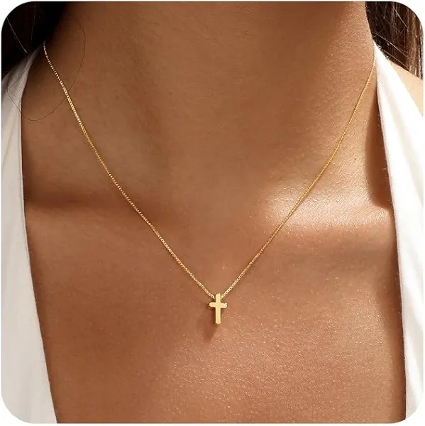 Cross Necklace for Women Trendy - Dainty 14K Real Gold Plated Minimalist Cz Cross Necklace Non Tarnish Waterproof Trendy Cute Simple Small Necklaces Easter Christian Religious Faith Jewelry Gifts