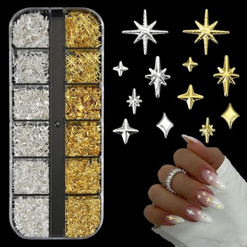 1 Boîte Bijoux Ongles Étoiles Or et Argent Nail Art Etoiles y2k 3d Bijoux Ongles Métal Deco Ongle Nail Art pour Femme et Fille Ongles Diy Accessoires