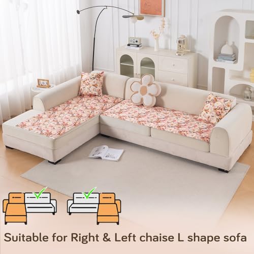 Image of HOKIPO 'Nature Muse' Premium HD Printed Holland Velvet L Shape (3+2 Seater) Sofa Cover Seat Mat, Rose Symphony (IN-916-D5 + IN-918-D5)