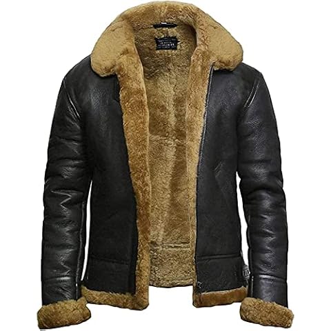 BRANDSLOCK Mens Genuine Shearling Sheepskin Leather Bomber Pilot Aviator B3 WWII Flying Cockpit Jacket Thick Wool Inside/Inner (Brown, l) Cover