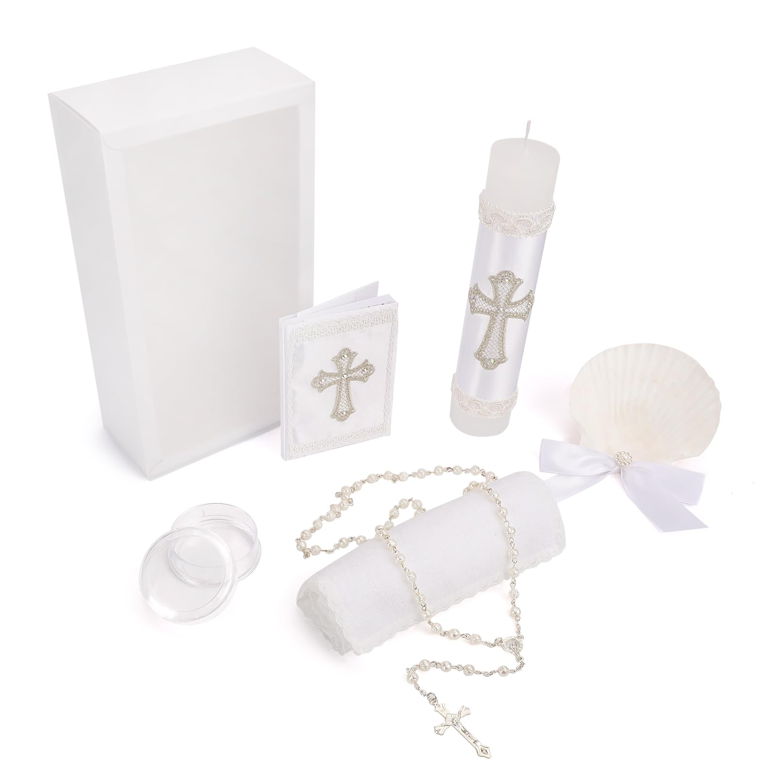 Juego de 5 velas de bautizo para niños y niñas, kit de bautizo blanco, vela, toalla, concha, rosario, Biblia para bautizo, regalo de primera comunión, velas para bautizo de niño o niña