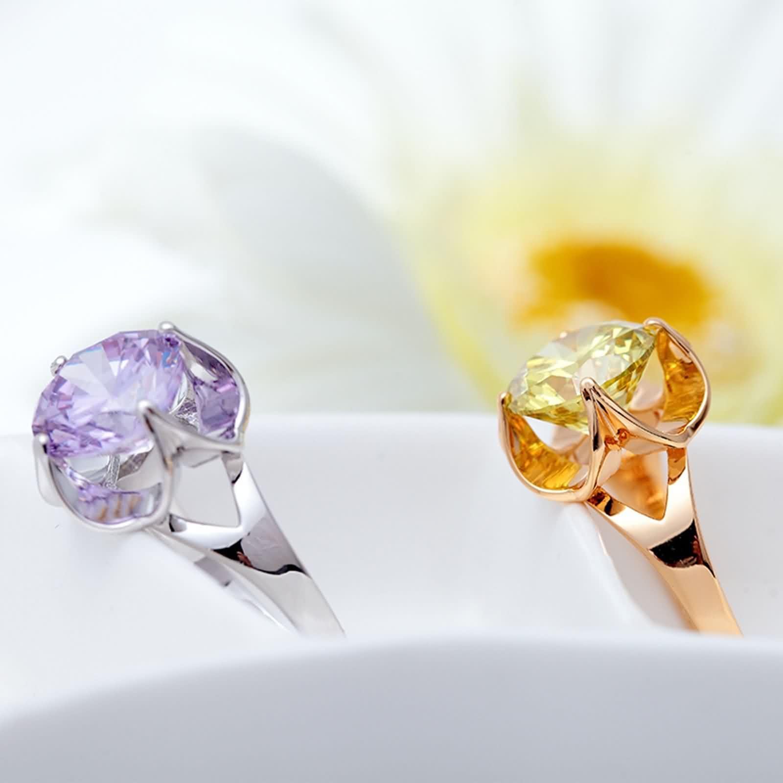 Anillos de boda simples para mujer, oro amarillo de 14 quilates con amatista, anillos de oro redondos solitarios para mujer, talla 4-11