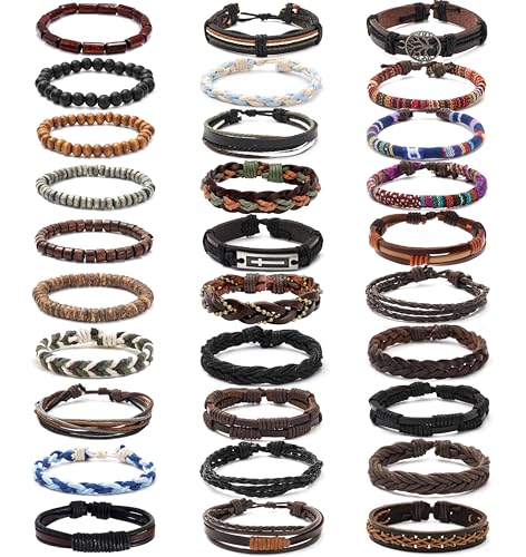 30Pcs Braided Leather Bracelets for Men Women Woven Cuff Wrap Bracelet Wood Beads Hemp Cords Ethnic Tribal Handmade Wrap Wristband Bracelets Set Adjustable