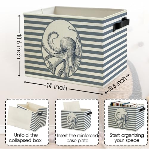 Image of Coastal Beach Octopus Storage Bins Box with Handles, Blue Striped Beachy Ocean Octopus Marine Biology Collapsible Basket Organizer for Bedroom Bathroom Books Clothes