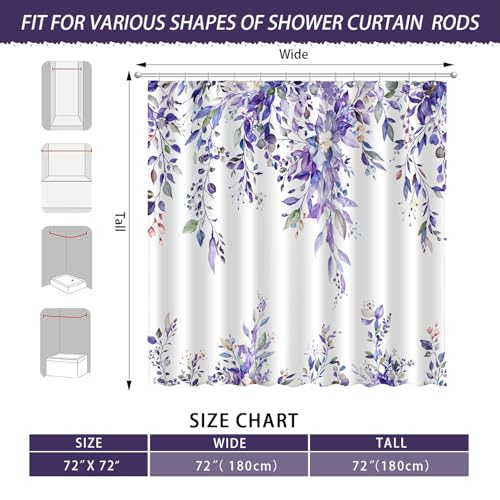 Image of Eucalyptus Shower Curtain, Abstract Aesthetic Art Watercolor Plant Leaves with Floral Bathroom Decor, Waterproof Fabric Cloth Bath Curtain Set with Hooks (Purple, 72x72 Inches)