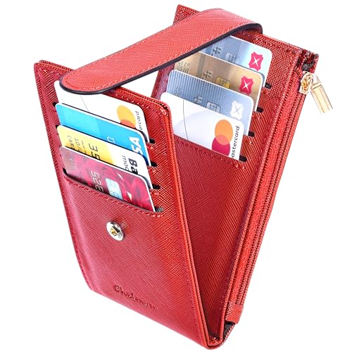 Image of Chelmon Women's RFID Slim Card Holder Wallet | Thin Bifold Multi Card Case with Zipper Coin Pocket Purse for Women(Red)