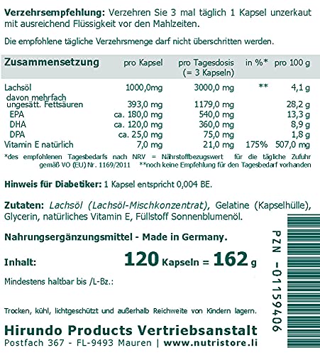 Omega-3 Lachsöl 1000 mg pro Kapsel - 120 Stk. mit hochwertigen, aktiven Omega-3-Fettsäuren