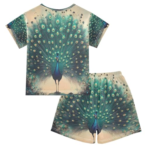 ALAZA Green Feather Peacock Pajamas Set Short Sleeve Cotton Sleepwear Summer Pjs 2 Piece 5-14Y2
