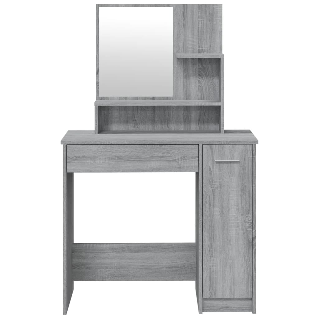 Toeletta trucco con specchio grigio Sonoma, tavolo vanità 86,5x35x136 cm in legno multistrato con cassetto, portaoggetti, consolle elegante per camera da letto e spogliatoio
