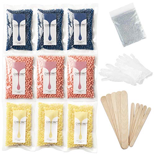 Chase Wax Hard Wax Beads Set for Waxing Kit, Painless Hot Wax for Hair Removal for Women Men for Coarse Hair and Sensitive Skin on Brazilian Bikini Waxing at Home ,1 Pack Glitter for Waxing,2LB Hard Wax Beans for Body Painless Waxing on Face,Eyebrown