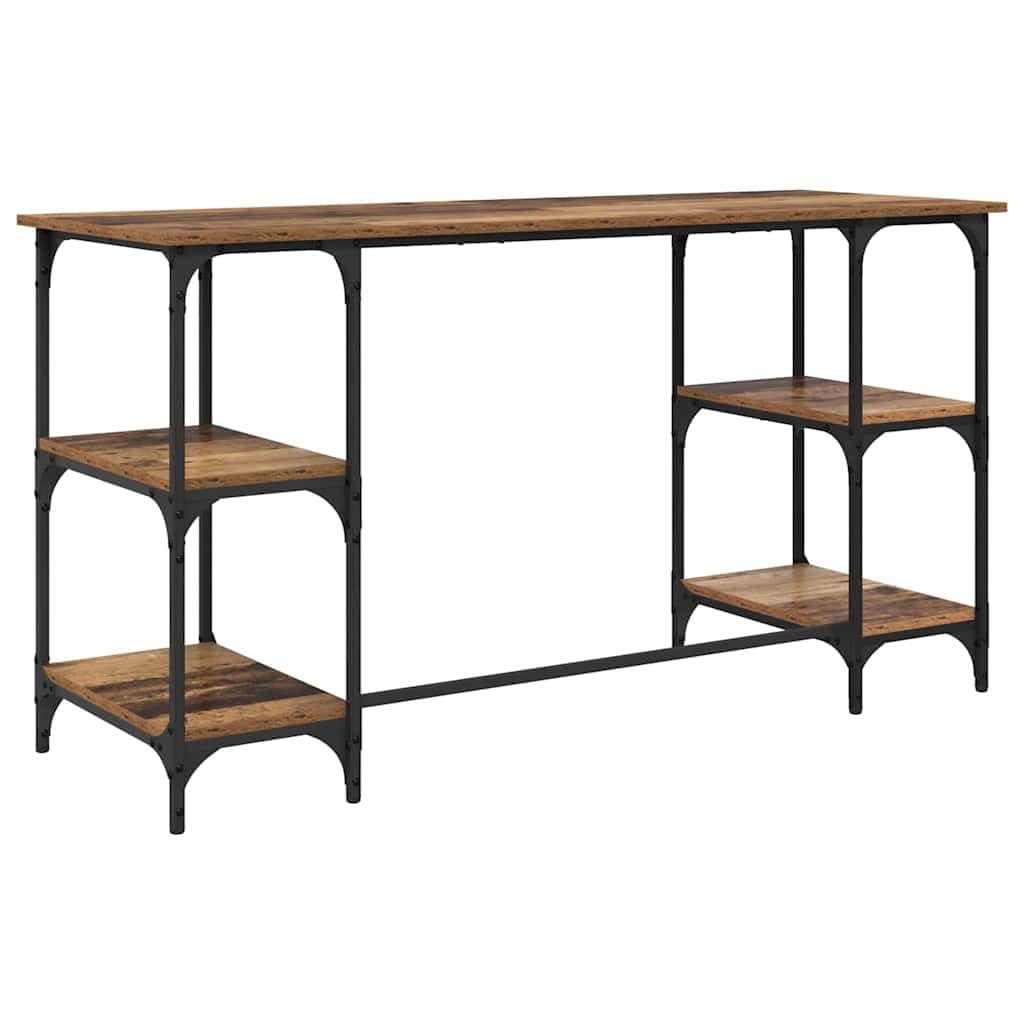Scrivania con mensola in legno anticato, 140 x 50 x 75 cm, struttura in metallo, stabile, per ufficio, casa, ufficio, con spazio e ripiano per computer, PC, laptop, monitor da gioco