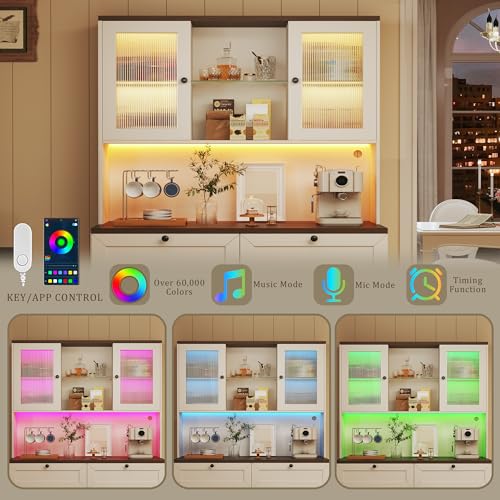 Image of HUAHUU 71 inch Kitchen Pantry Cabinet with Lights & Acrylic Doors, Pantry Storage Cabinet with Microwave Stand, Kitchen Hutch Food Cabinets with Charging Station, Adjustable Shelves, White