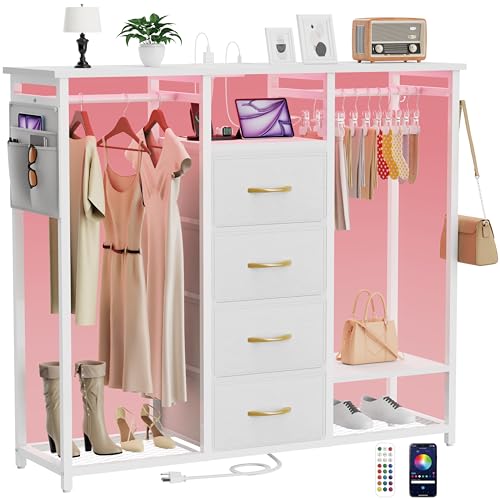 Cómoda para dormitorio con 2 percheros, cómoda de 4 cajones con luz LED y estación de carga, armario con estante colgante de almacenamiento de ropa, cómoda de armario con bolsillo lateral y ganchos,