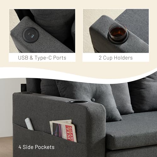3 in 1 Sofa Bed, 56 Inch Convertible Pull Out Couch, Loveseat Sleeper Sofa with Cup Holders, USB, Sofa Couches for Living Room, Bedroom, Apartment, Dark Grey
