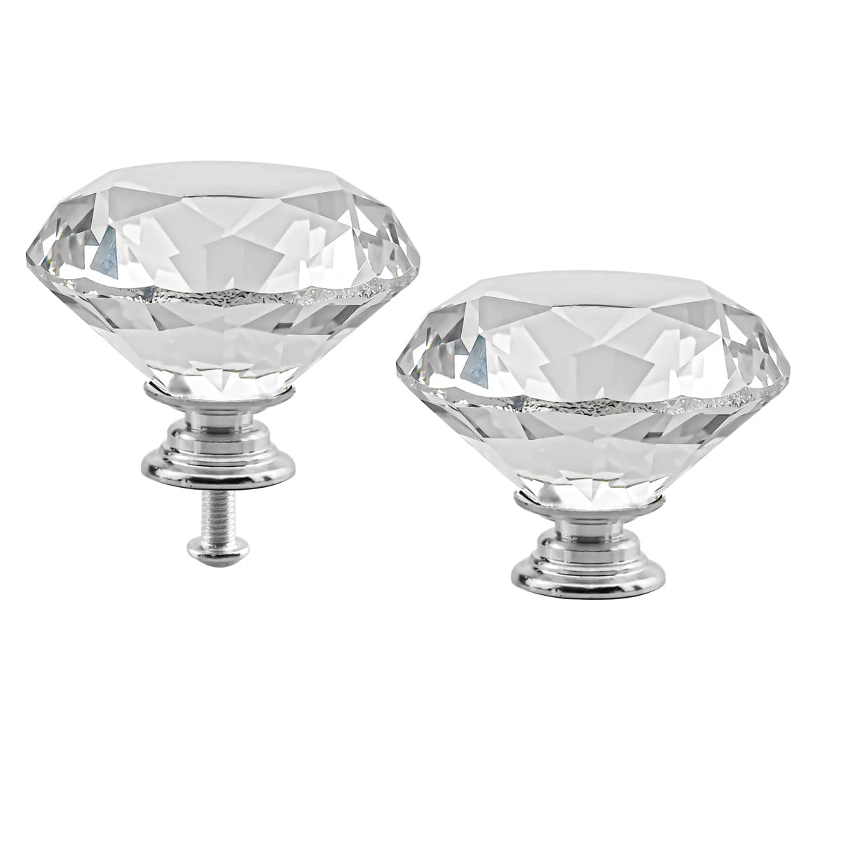 Cabinet Knobs Crystal 2PCS 50mm Clear Glass Diamond Shape Drawer Knobs Diamond Cabinet Dresser Pulls Door Knobs Cupboard Wardrobe Handles for Kitchen Office Cupboard Dresser Drawers (2PCS, Silver)