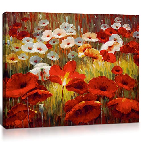 Qtespeii Framed Flower Wall Art, Red And White Blooming Poppies Oil Painting Canvas Print Pictures Floral Plants Wall Decor Modern Artwork For Living Room Bathroom Bedroom Home Decoration, 12"X16" #TOP23