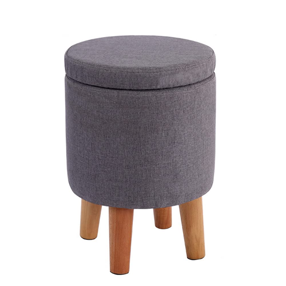 Pouf de rangement bois massif lin gris foncé tabouret coffre rond